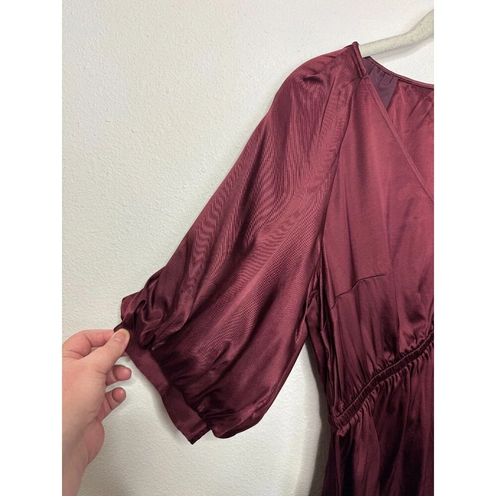 Madewell Medium Shirred Puff Sleeve Top Satin Cabernet V-Neck Empire Waist NWT